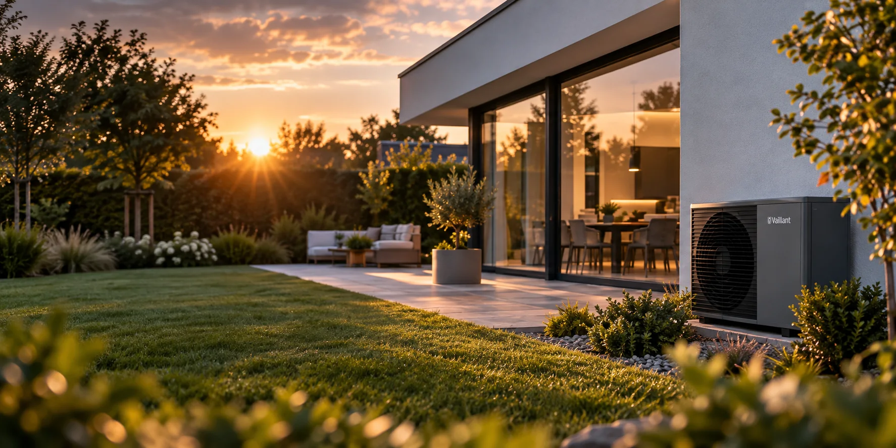 Moderne woning met een warmtepomp in de tuin bij zonsondergang